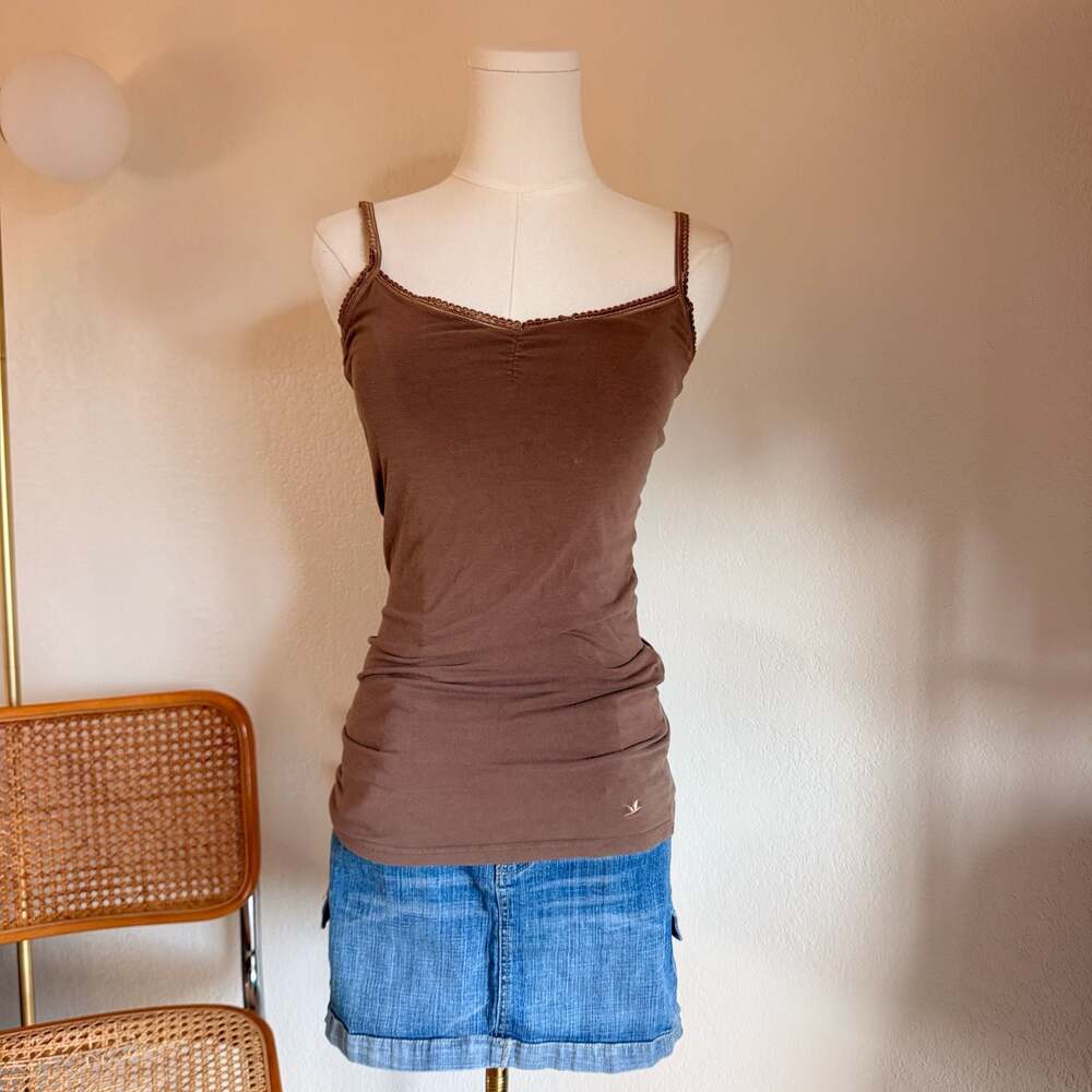 Aerie Brown Lace Trim Camisole Tank Top with Built-In Bra Extra Long S